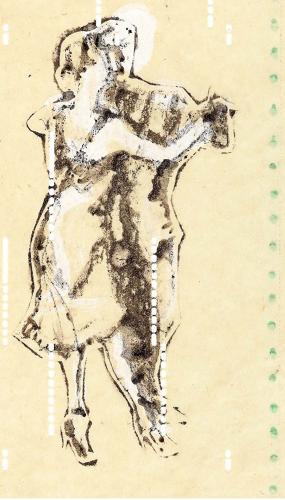 Monotype art original print dancing figures by Lys Flowerday Studio Dix Neuf - DOMINO