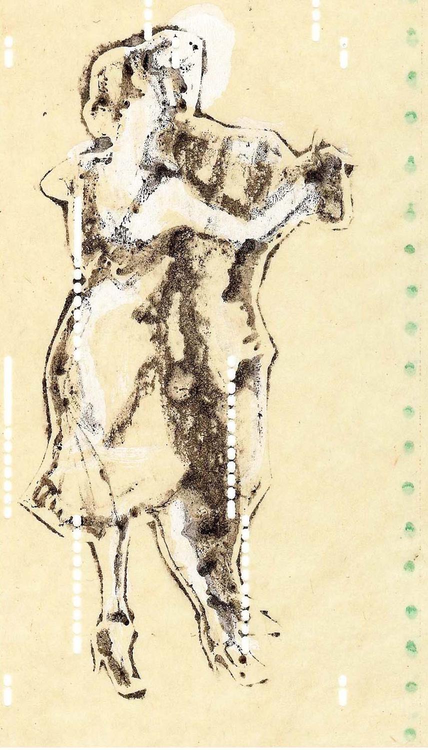 Monotype art original print dancing figures by Lys Flowerday Studio Dix Neuf - DOMINO