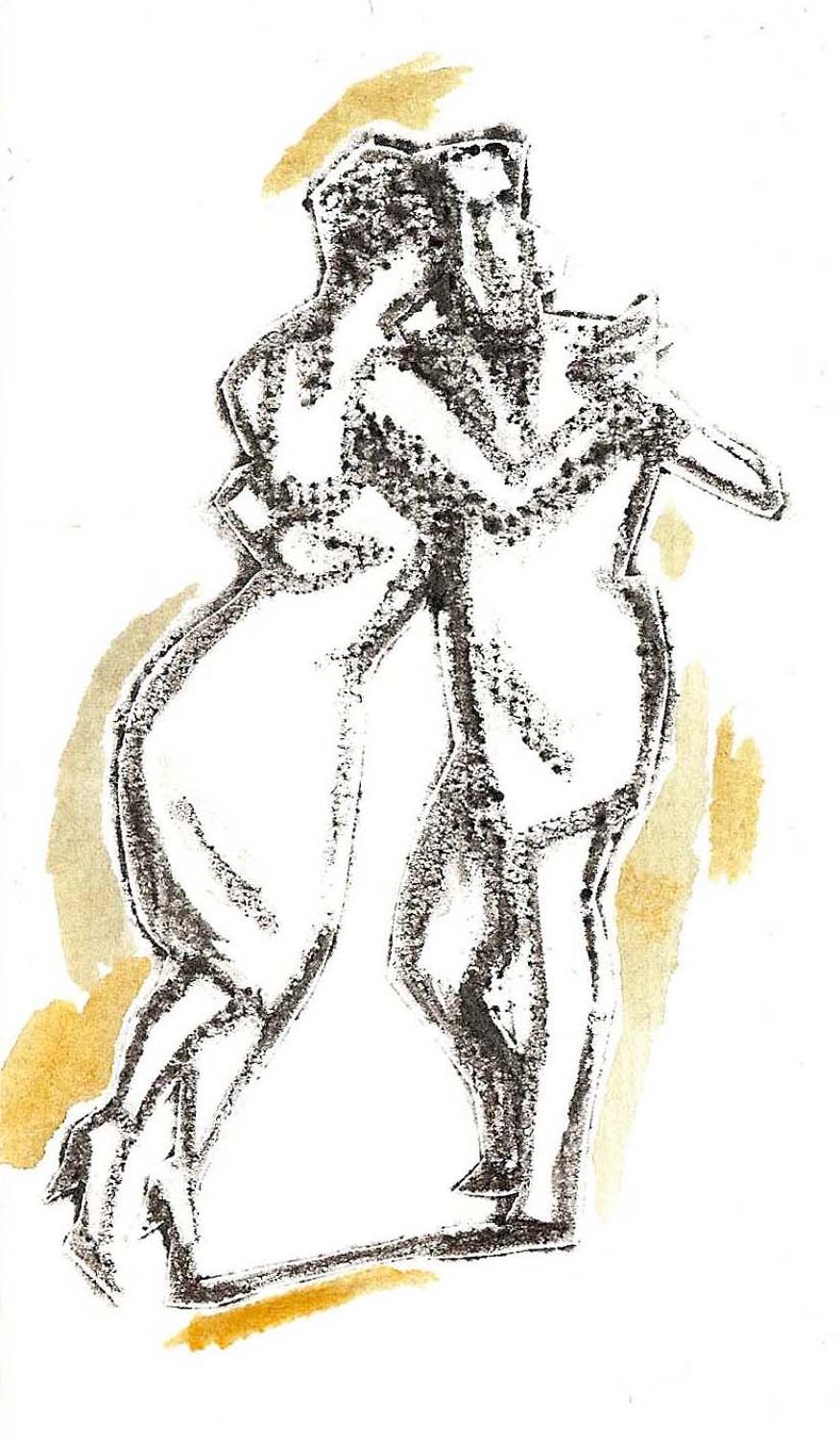Monotype drawing original miniature picture tango dancers by Lys Flowerday - TOO SOON