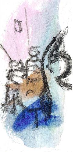 Church bell ringers small artwork unique state monotype by Lys Flowerday - THE CARPET