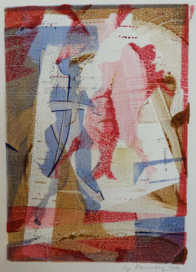 Milonga space colour monotype art original by Lys Flowerday - MILONGA IN SCHAERBEEK