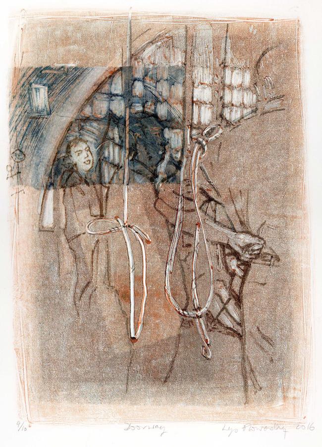 Original monotype print of St Saviours church bell ringers by Lys Flowerday - DOORWAY IV