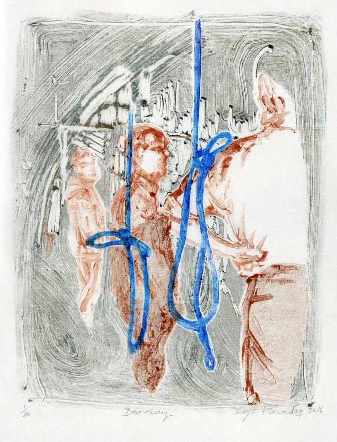 Church bell ringers in tower original monotype art print by Lys Flowerday - DOORWAY I