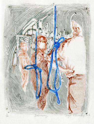 Church bell ringers in tower original monotype art print by Lys Flowerday - DOORWAY I