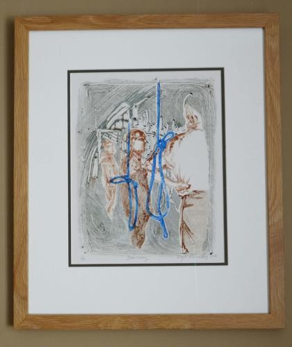 Church bell ringers in tower original monotype art print by Lys Flowerday - DOORWAY I