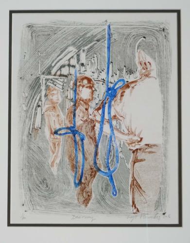 Church bell ringers in tower original monotype art print by Lys Flowerday - DOORWAY I
