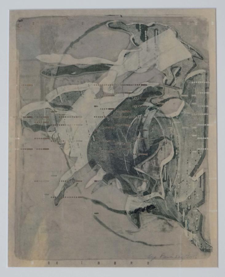 Art gallery artists picture monotype moving figures by Lys Flowerday - MILONGA IN LAEKEN