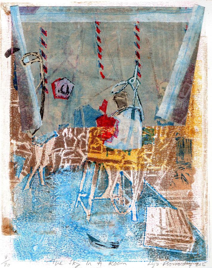 Art gallery atelier bell ringers monoprint by artist Lys Flowerday - THE SKY IN A ROOM III