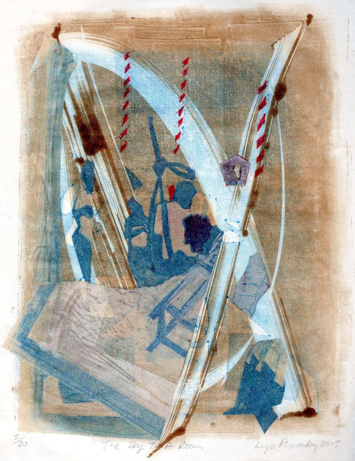 Unique state monoprint inside church bell tower by Lys Flowerday - THE SKY IN A ROOM II