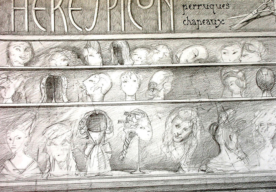 Original drawing by hand of hat and wig shop window by Lys Flowerday Devon - HERESPICON