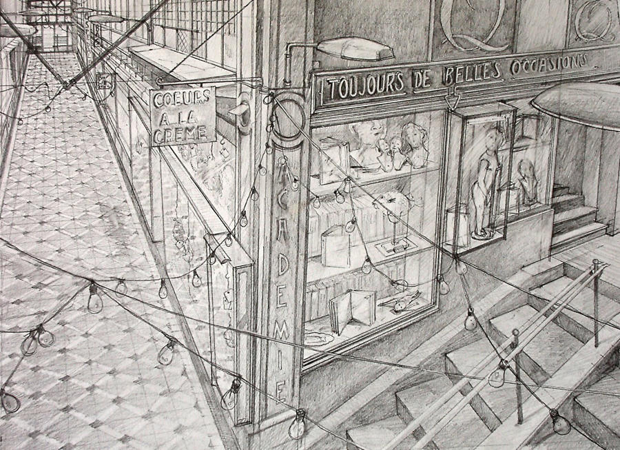 Inside Parisian Passage original graphite drawing by Lys Flowerday - COEURS A LA CREME