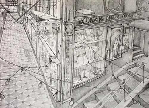 Inside Parisian Passage original graphite drawing by Lys Flowerday - COEURS A LA CREME