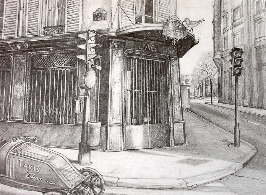 Original drawing of the bookshop of Marcel B&eacute;alu Paris by Lys Flowerday - LE PONT TRAVERSE