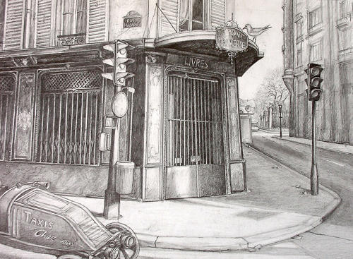 Original drawing of the bookshop of Marcel Béalu Paris by Lys Flowerday - LE PONT TRAVERSE