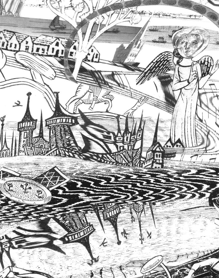 Poetry original illustration collage by Lys Flowerday - HOUSE ON THE RIVER, EARLY TIMES