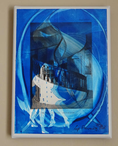 Blue dancers unique monotype art print by Lys Flowerday - STARLINGS IN THE STAIRCASE