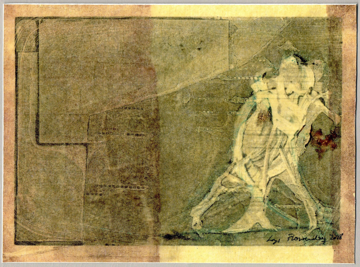 Dancing figures passing original monotype art print by Lys Flowerday - MARIPOSA III
