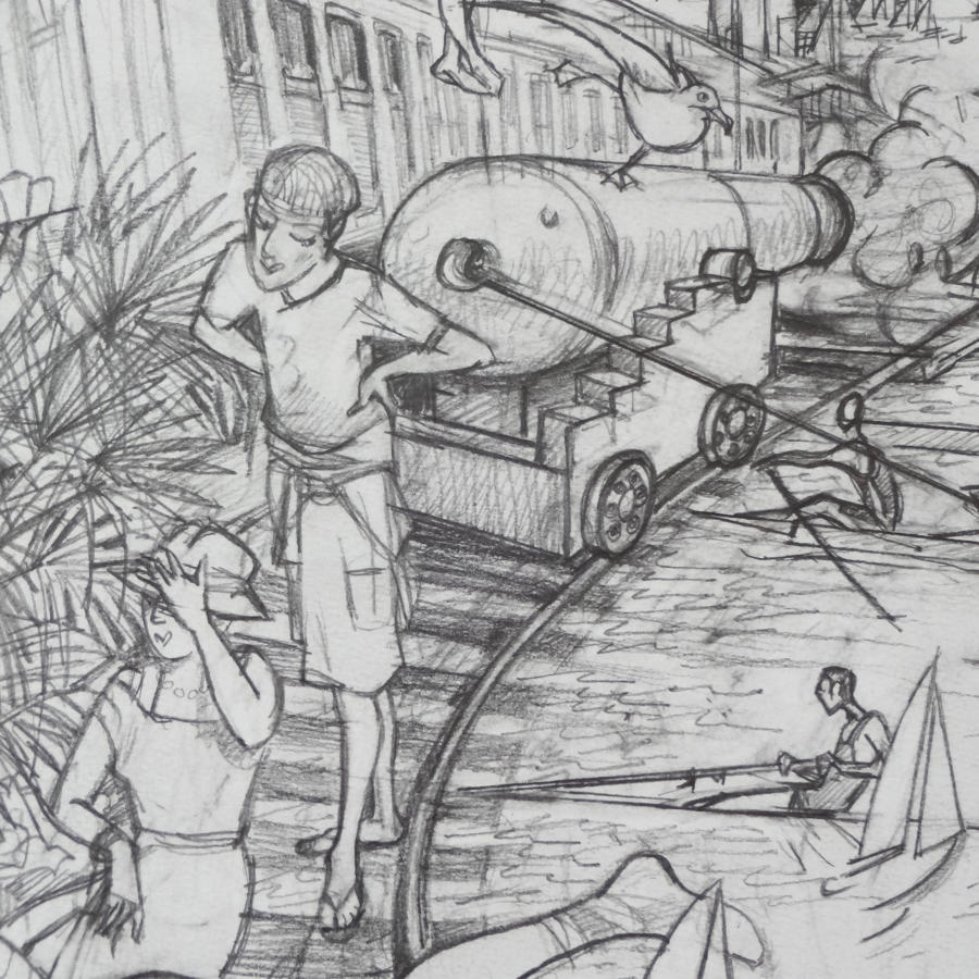Original drawing by hand railway rowers Studio Dix Neuf Devon by Lys Flowerday - REGATTA