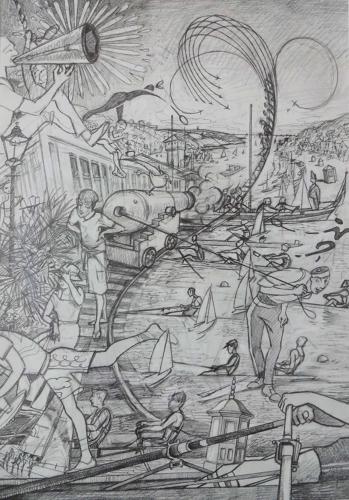 Original drawing by hand railway rowers Studio Dix Neuf Devon by Lys Flowerday - REGATTA