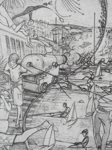 Original drawing by hand railway rowers Studio Dix Neuf Devon by Lys Flowerday - REGATTA