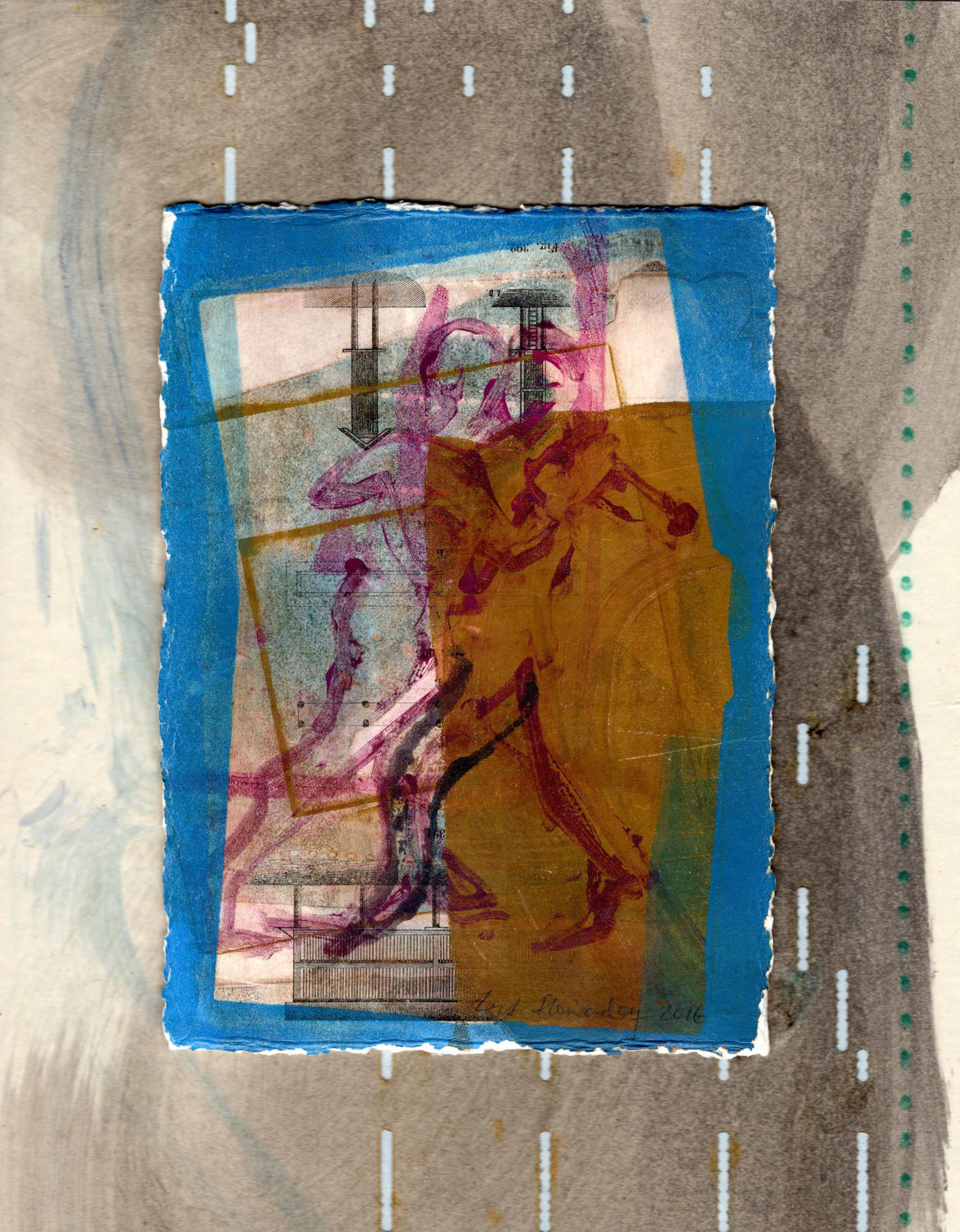 Original picture unique monotype dancing couple by Lys Flowerday Foss St - ROMANZA REVERSA
