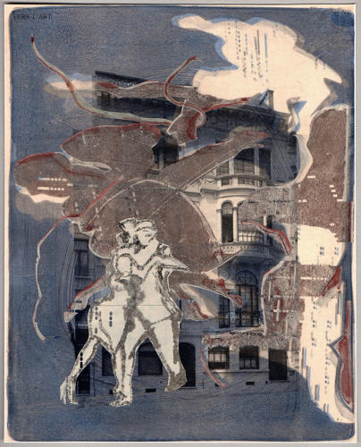 Mixed media original artwork dancers in old street by Lys Flowerday - MILONGA EURYDICE