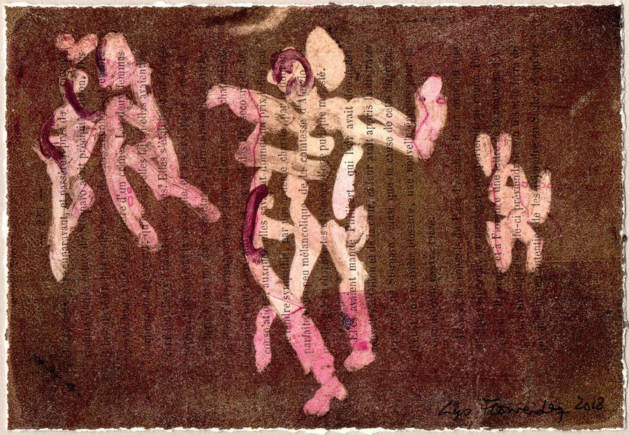 Monotype art print mounted on canvas figures dancing by Lys Flowerday - NOVE DE JULHO