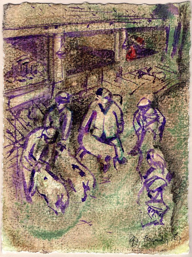 Painting of sheep farmers Fatstock market Dartmouth by Lys Flowerday Devon - DISCUSSION