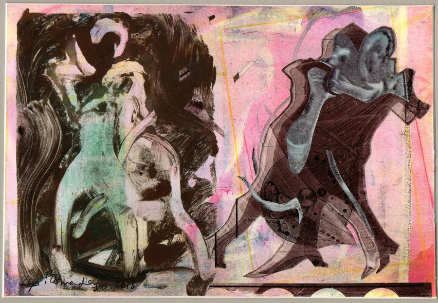 Monotype picture original artwork passing dancers by Lys Flowerday - MIRROR MARIPOSA