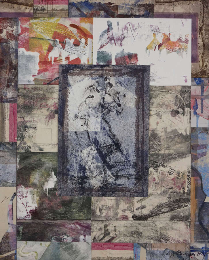 Monotype original artwork milonga scene by Lys Flowerday artist - ALL ALONE AT THE TABLE